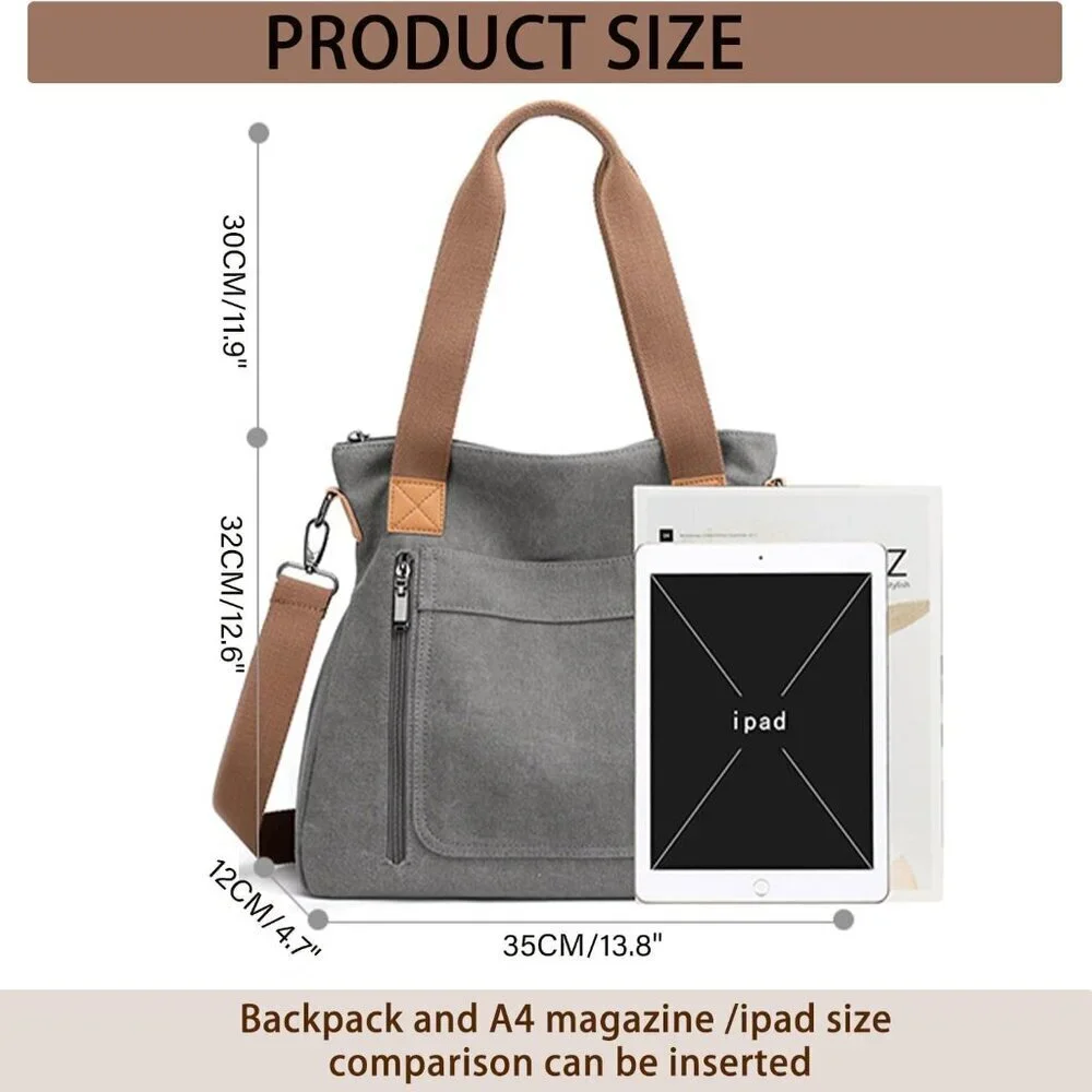 Canvas Tote Bag for Women Multi-pocket Shoulder Crossbody Work Purse